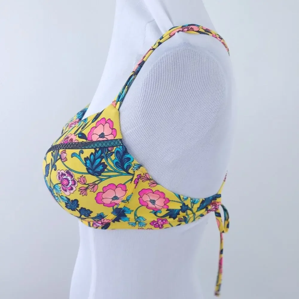 Shade & Shore Yellow Floral Bikini Size 34D Braided Racerback Detail Swimsuit